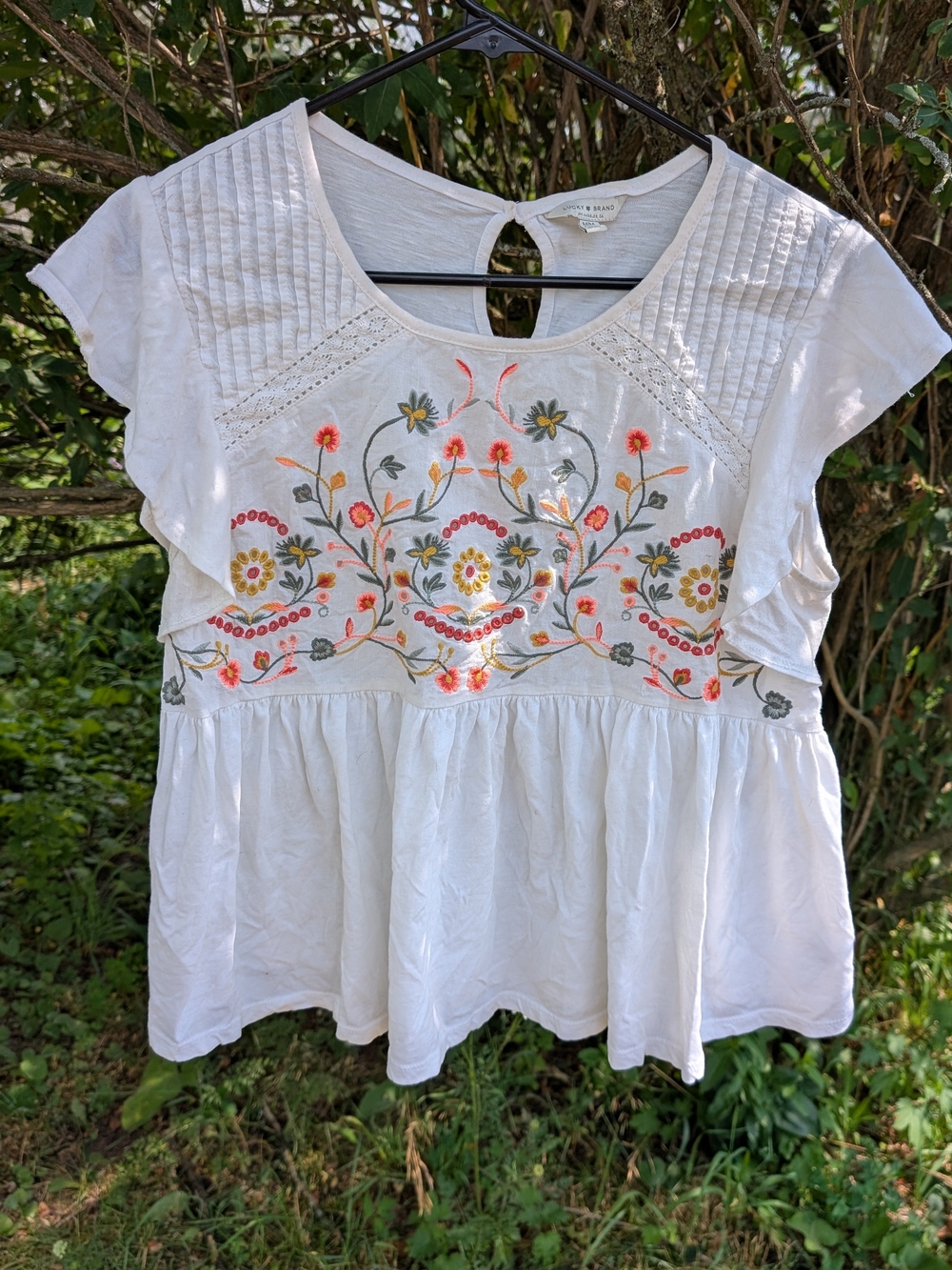 Lucky Brand White Peplum Top with Multicolor Floral Embroidery